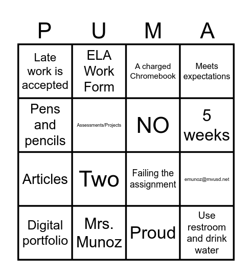 Syllabus Bingo Card