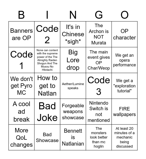 Genshin 4.8 live stream Bingo Card