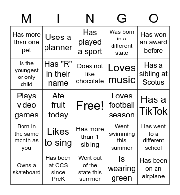 First Day of School MINGO Bingo Card