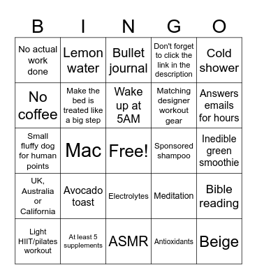 Healthy influencer morning routine bingo Card
