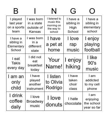 CHOIR BINGO! Bingo Card