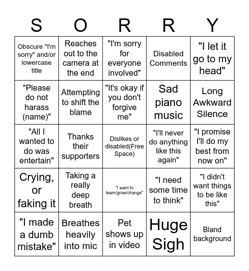 Youtuber Apology Video Bingo Card