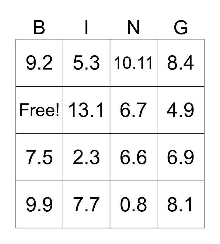 Decimal bingo Card