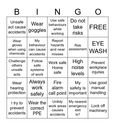Health and Safety Bingo Card
