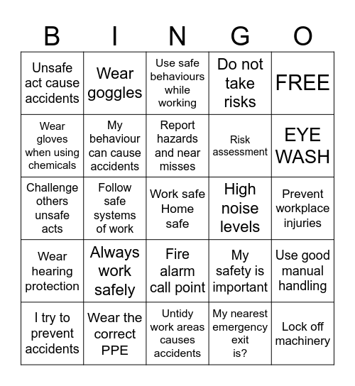 Health and Safety Bingo Card