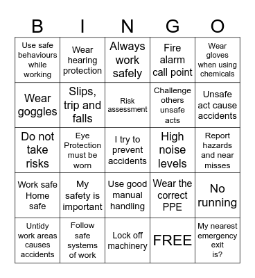 Health and Safety Bingo Card