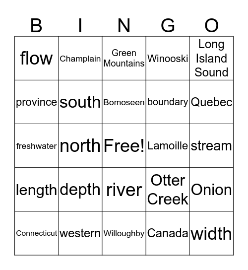 Vermont Geography Bingo Card