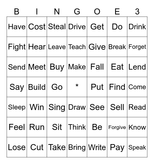 Irregular Verbs Bingo Card