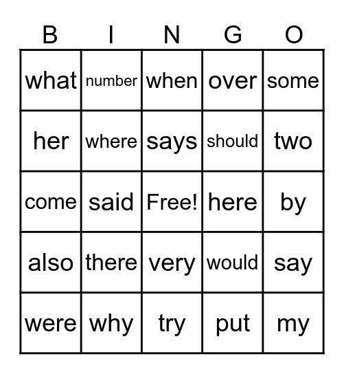 Level 1 Trick Words Bingo Card