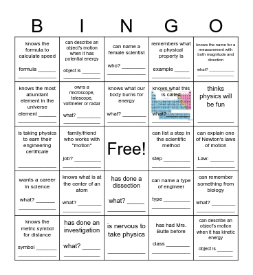1st Day of Physics Bingo Card