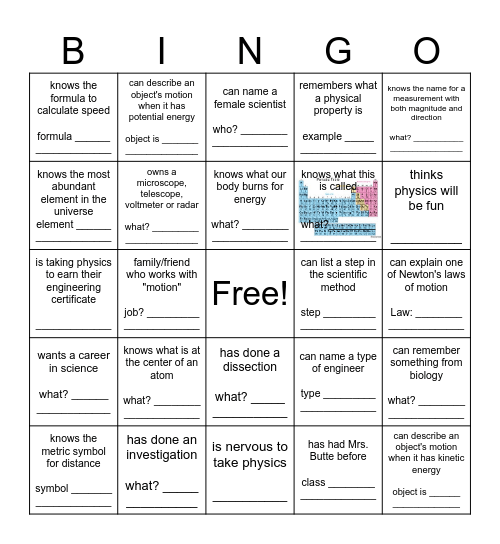 1st Day of Physics Bingo Card