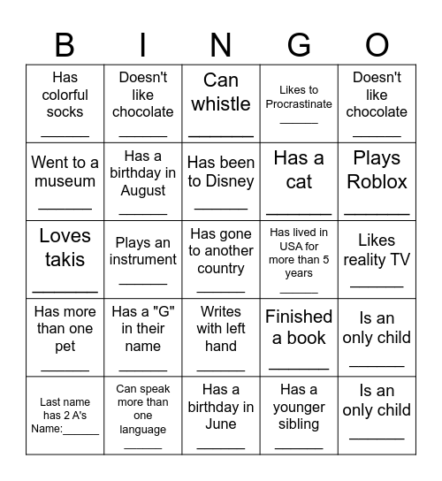 Middle School BINGO: Find someone who... Bingo Card