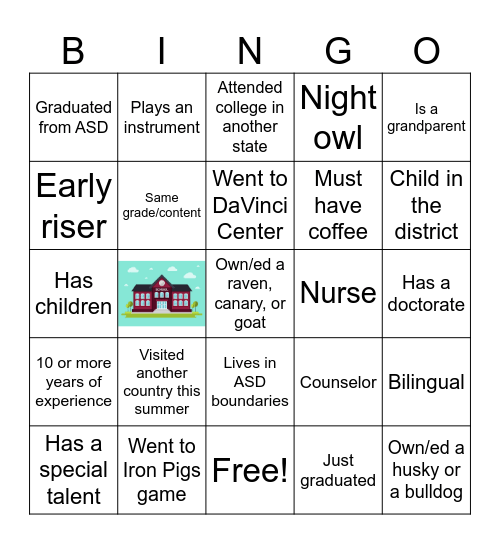 New Educator Induction Bingo Card