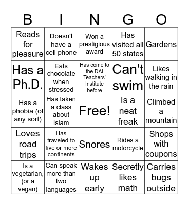 Icebreaker Bingo DAI Teachers' Institute Bingo Card