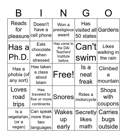 Icebreaker Bingo DAI Teachers' Institute Bingo Card