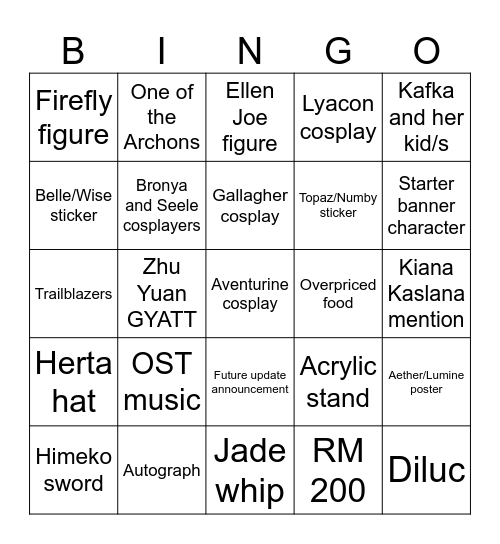 Hoyofest 2024 Bingo Card