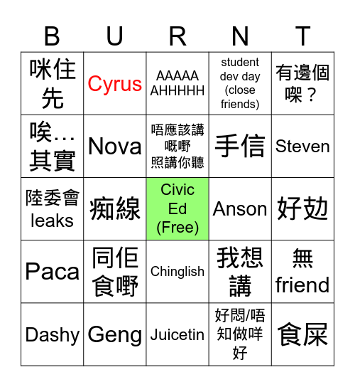 Bingbingburn Bingo Card