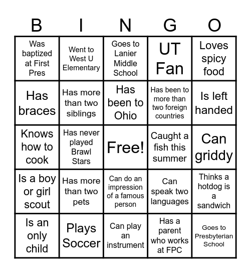 6th Grader Bingo Card