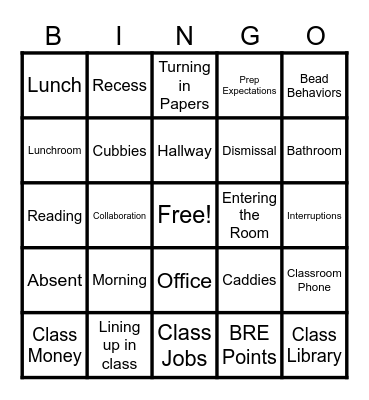 Class Procedures Bingo! Bingo Card