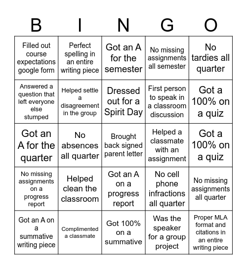 Ms. Showler's Class Bingo Card