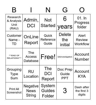 Doc Prep Bingo Card