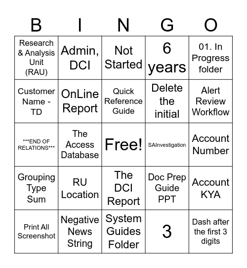 Doc Prep Bingo Card