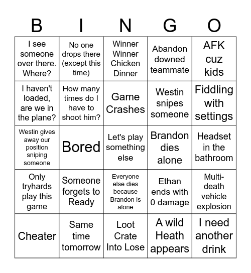 PUBG Night Bingo Card