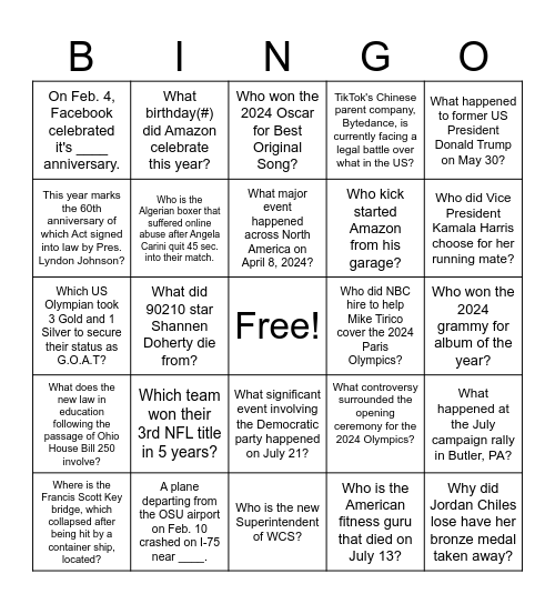 News in Review 2024 Bingo Card