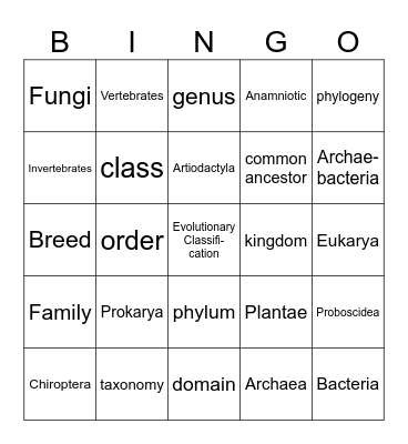 BIOLOGY CLASSIFICATION Bingo Card