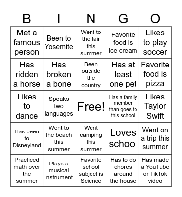 First Day of School Bingo Card