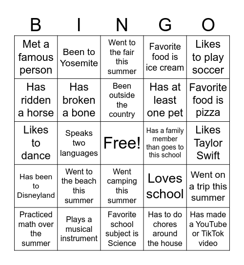 First Day of School Bingo Card