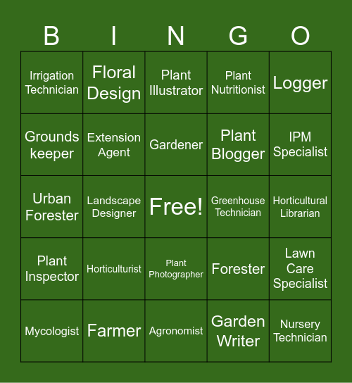 Horticultural Careers Bingo Card