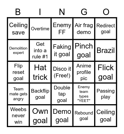 Rocket League Bingo Card