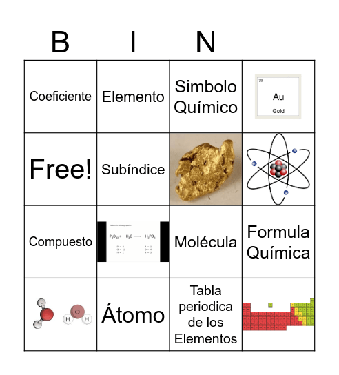 Elementos y Moléculas Vocabulario Bingo Card