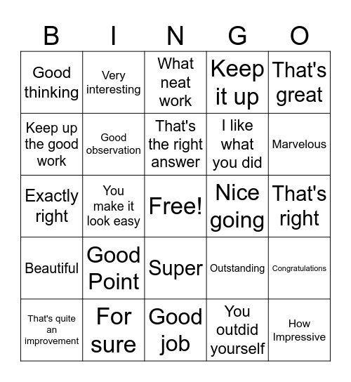 Ways to say "Good for You!" Bingo Card