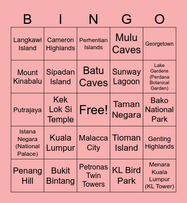 Famous Malaysian Places Bingo Card