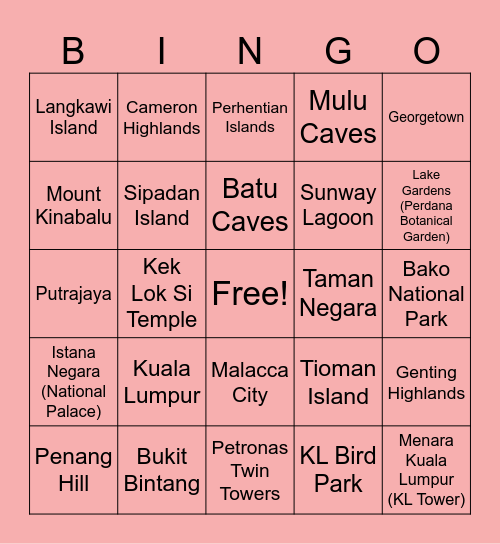 Famous Malaysian Places Bingo Card