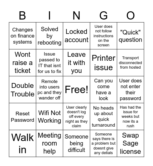 Help Desk Bingo Card