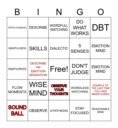 DBT Mindfulness Bingo Card