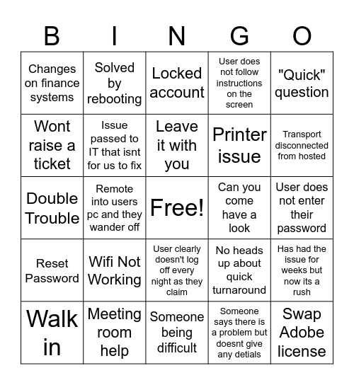 Help Desk Bingo Card