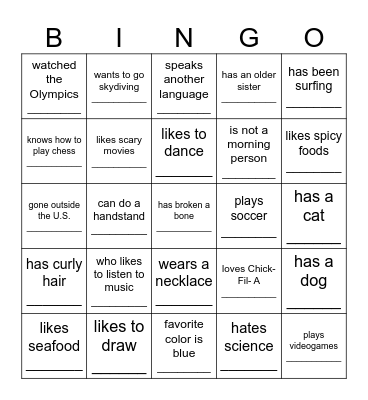 Find Somebody Who..... Bingo Card