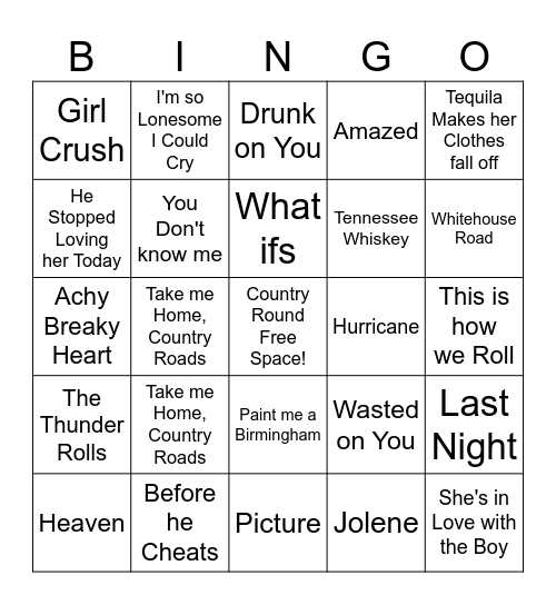 Country Music Bingo Card