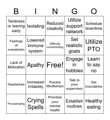 Burnout Symptoms and Strategies Bingo Card