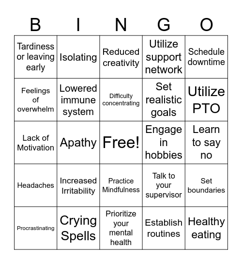 Burnout Symptoms and Strategies Bingo Card