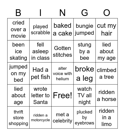 Courage: Never Have I Ever Bingo Card