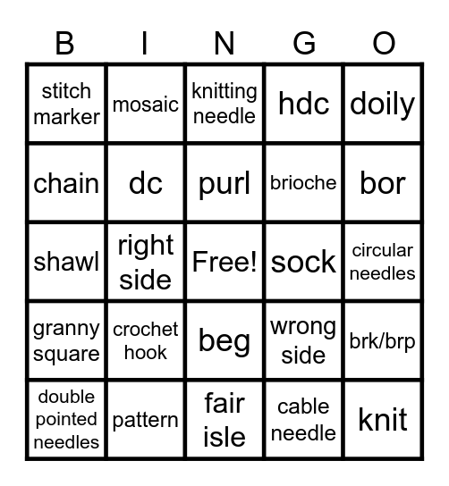 Crochet/Knitting Terms Bingo Card