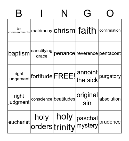 confirmation Bingo Card