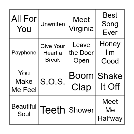 Timeless Pop Hits Bingo Card