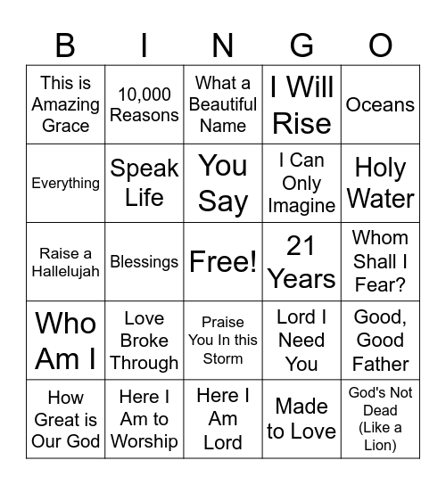 Contemporary Christian Music Bingo Card