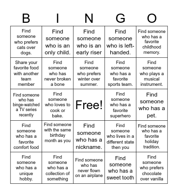 Service Team Meet and Greet Bingo Card